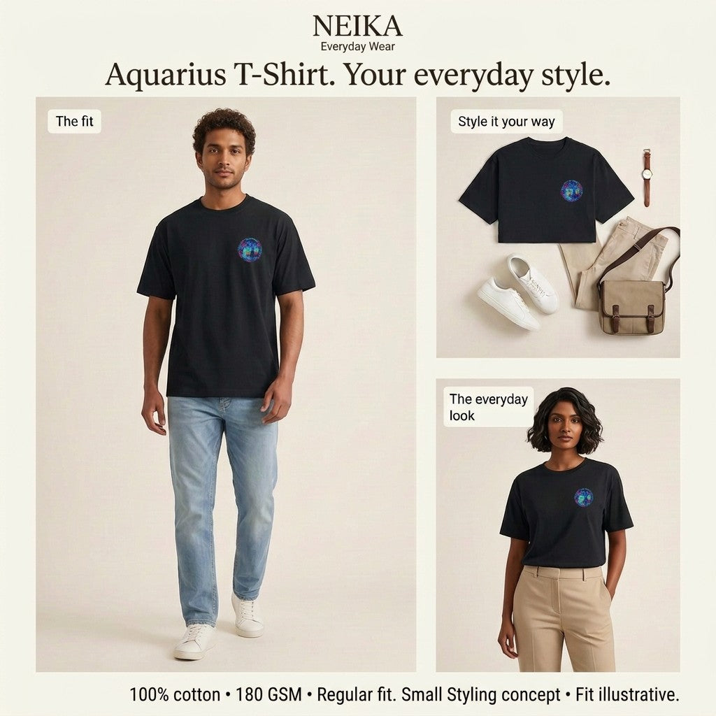 NEIKA Aquarius Zodiac Unisex Cotton T-Shirt, 180 GSM Regular Fit
