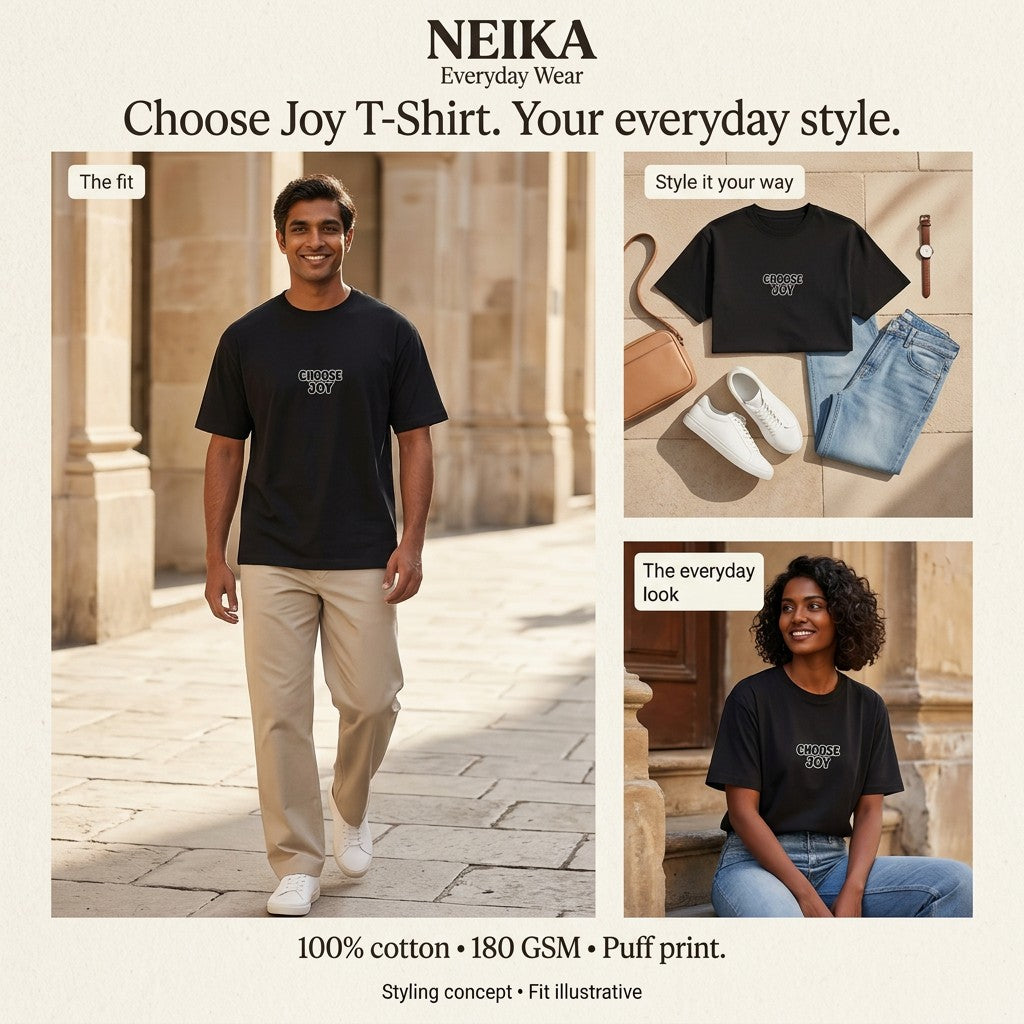 NEIKA Choose Joy Puff Print Cotton T-Shirt, Unisex 180 GSM