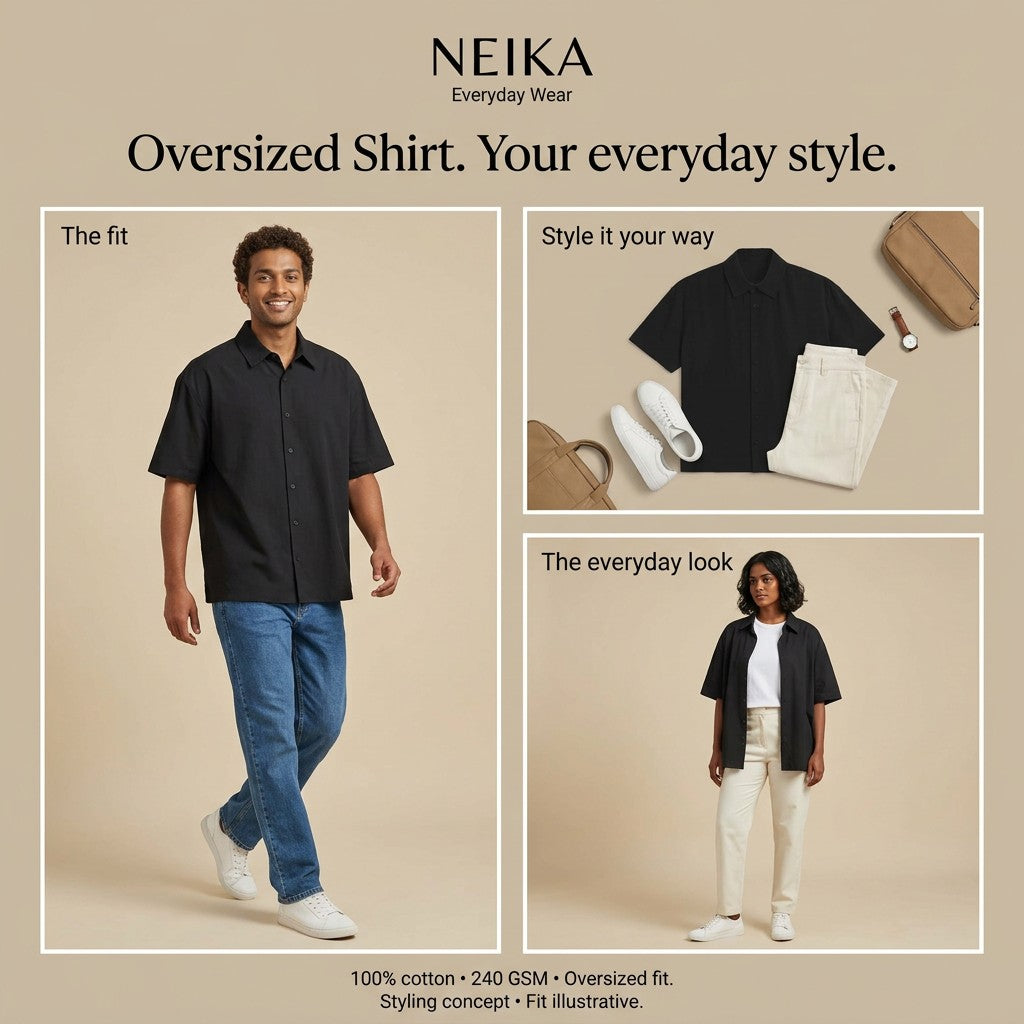 NEIKA Unisex Oversized Cotton Shirt, Half Sleeve