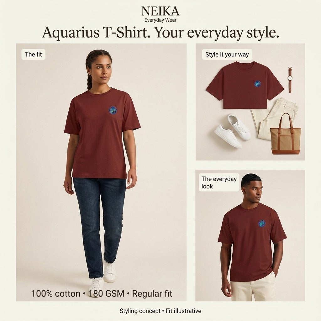 NEIKA Aquarius Zodiac Unisex Cotton T-Shirt, 180 GSM Regular Fit