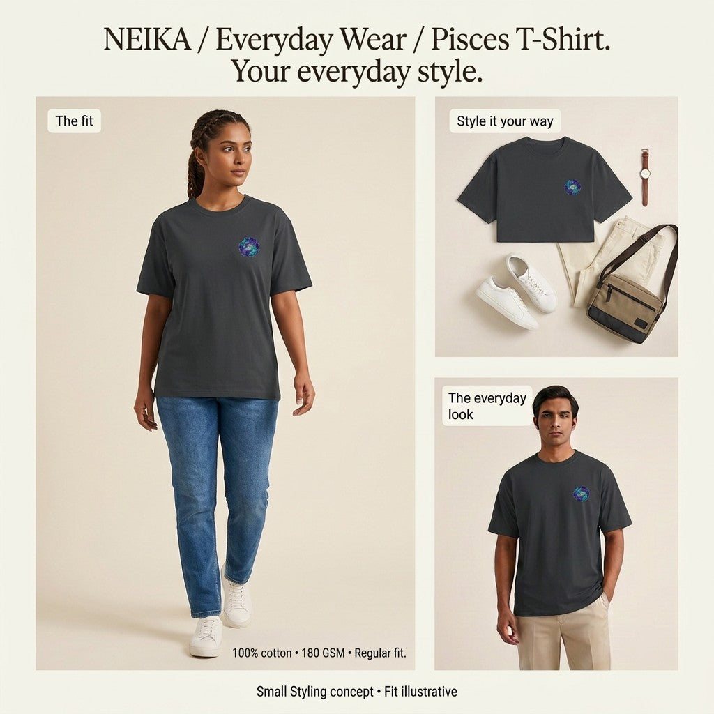 NEIKA Pisces Zodiac Unisex Cotton T-Shirt, 180 GSM Regular Fit