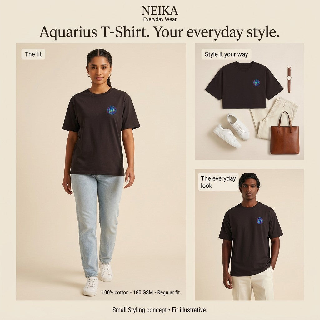 NEIKA Aquarius Zodiac Unisex Cotton T-Shirt, 180 GSM Regular Fit