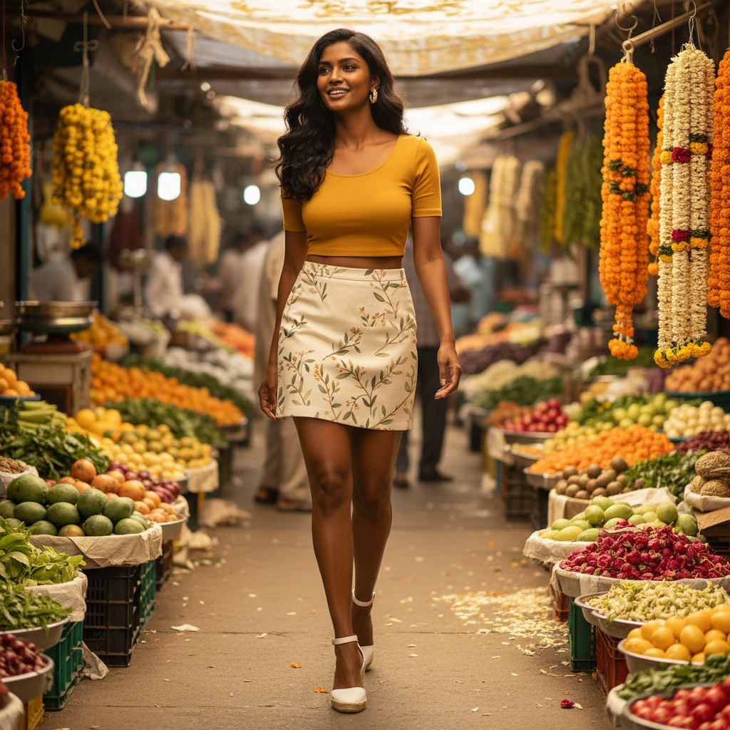 Women - Mini Skirt for Girls - cream-colored base featuring a botanical pattern with green leaves and muted brownish-yellow or gold stems and buds.