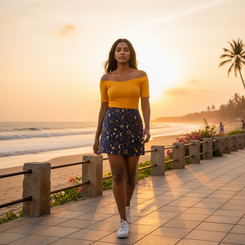 Women - Mini Skirt for Girls - eatures a deep navy blue background patterned with celestial elements in shades of gold, cream/beige, white, and light blue.