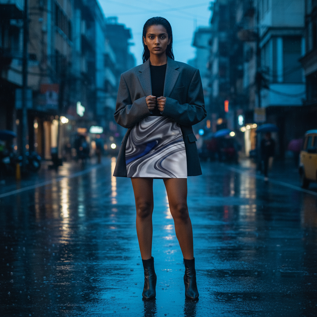 Women - Mini Skirt for Girls - Features an abstract marbled pattern with a mix of blue, grey, white, and dark charcoal or black swirls