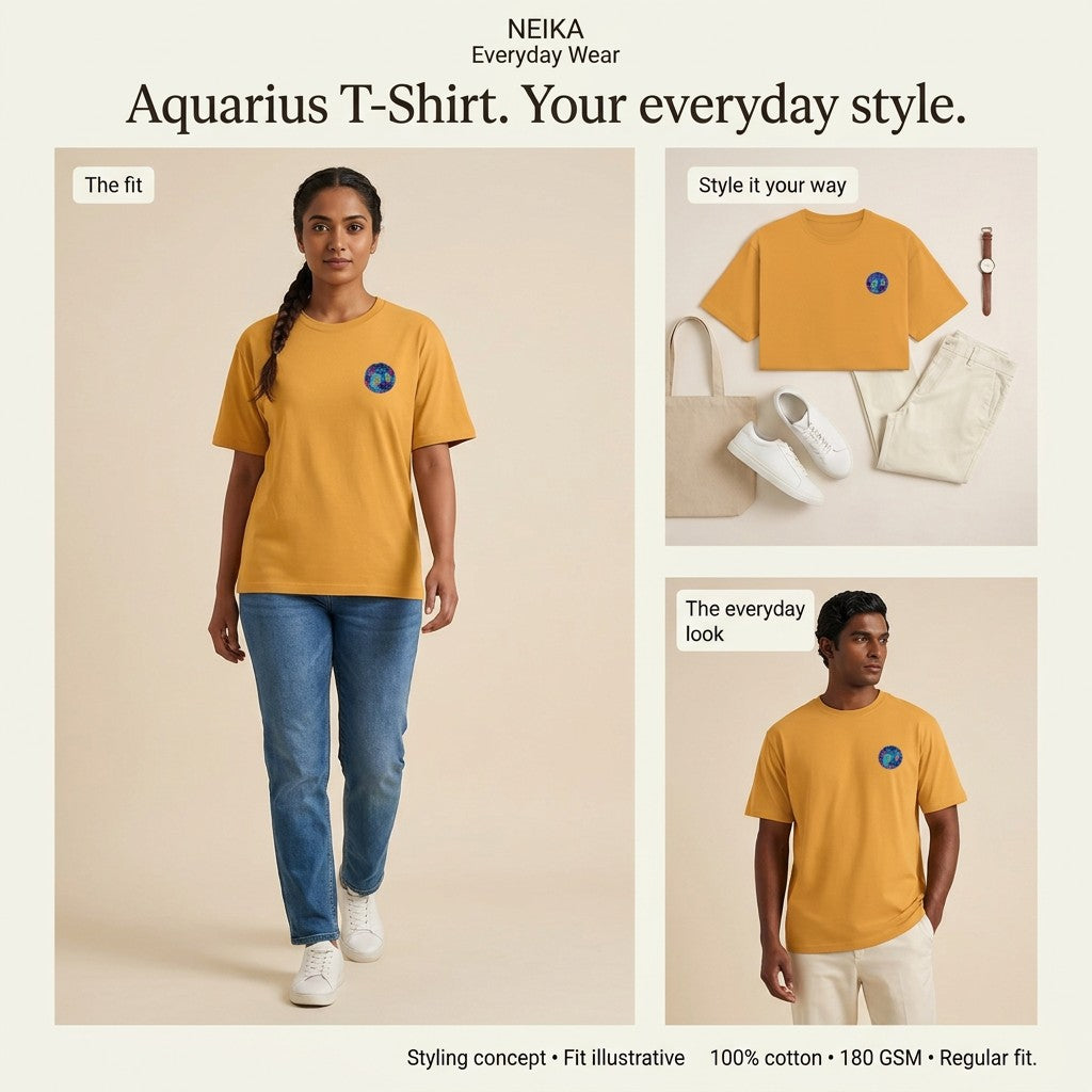 NEIKA Aquarius Zodiac Unisex Cotton T-Shirt, 180 GSM Regular Fit