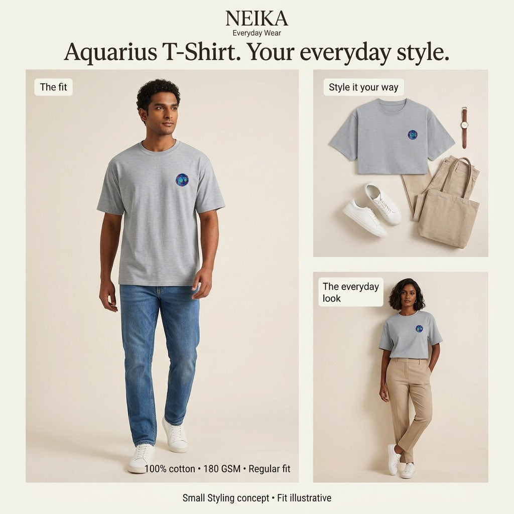 NEIKA Aquarius Zodiac Unisex Cotton T-Shirt, 180 GSM Regular Fit