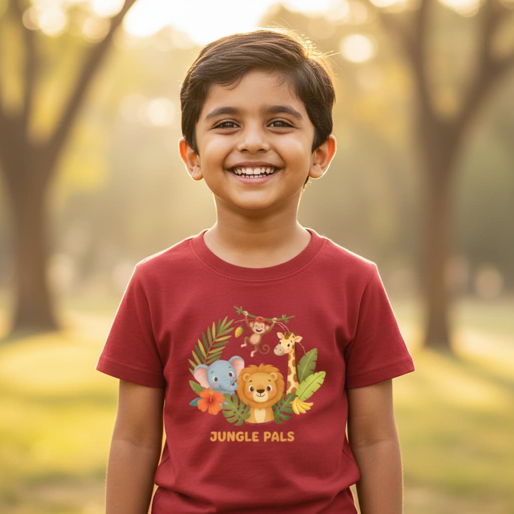 ELAN COTTS Jungle Pals Boy's Crew Neck T-Shirt – 100% Cotton | 180 GSM Soft & Breathable Kids Tee