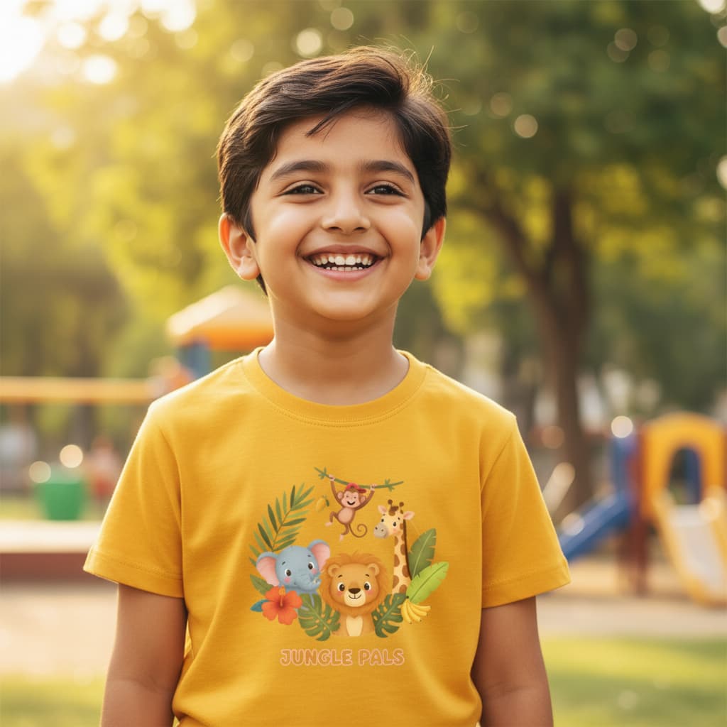 ELAN COTTS Jungle Pals Boy's Crew Neck T-Shirt – 100% Cotton | 180 GSM Soft & Breathable Kids Tee