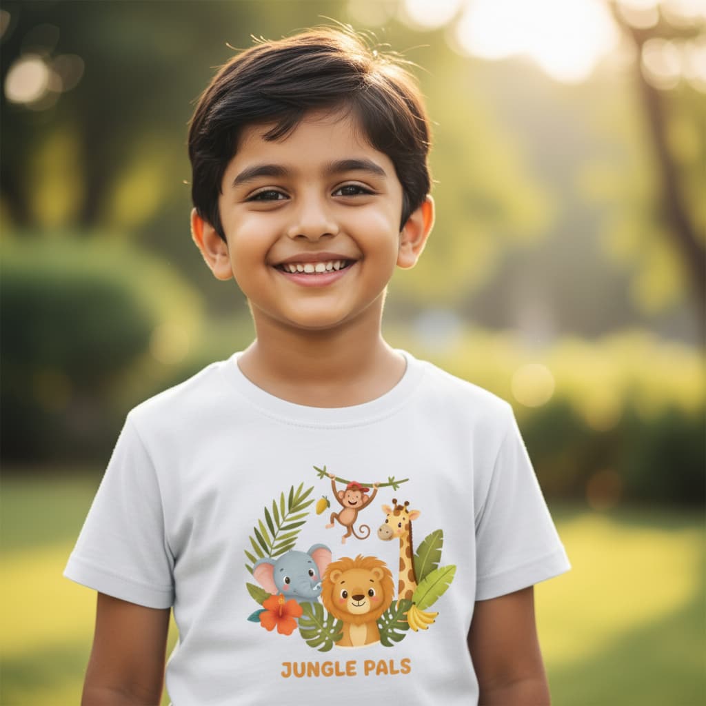 ELAN COTTS Jungle Pals Boy's Crew Neck T-Shirt – 100% Cotton | 180 GSM Soft & Breathable Kids Tee