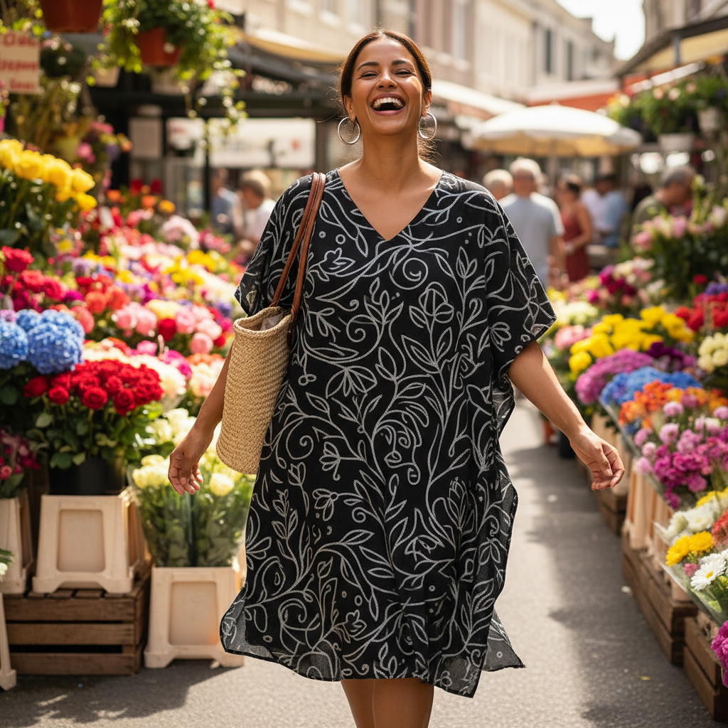 Women's Kaftan Dress with silver floral line art -  Lightweight, breathable, and easy to maintain - perfect for effortless all-day wear.