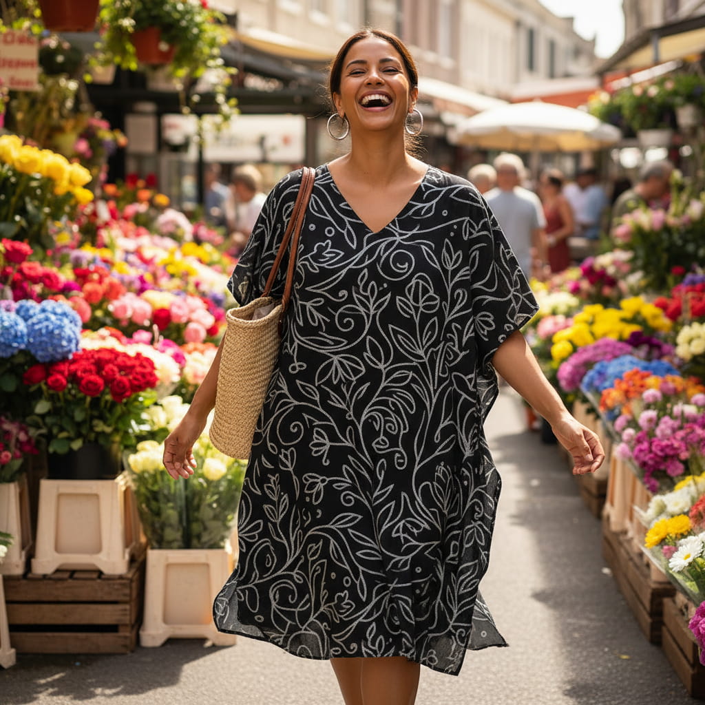 ELAN COTTS Women's Kaftan Dress – Silver Floral Line Art | Free Size Satin Kimono