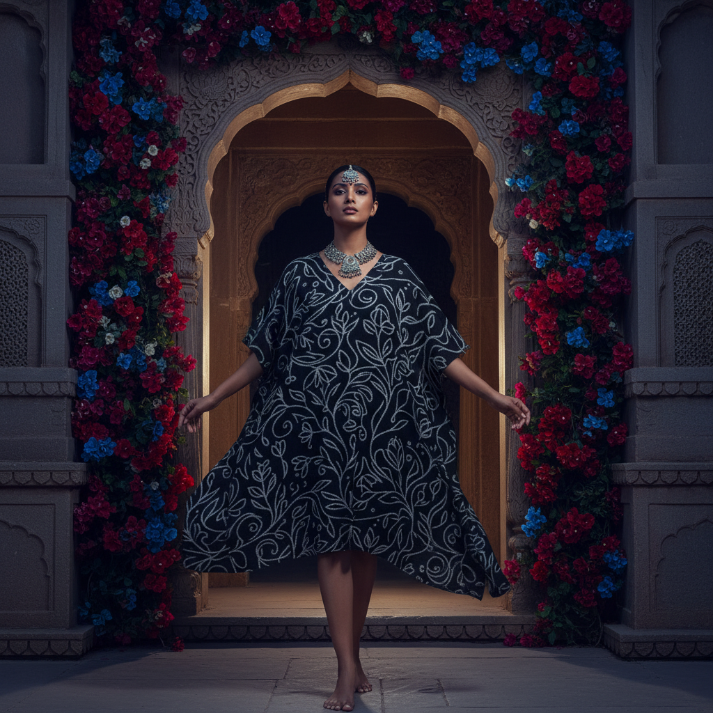 Women's Kaftan Dress with silver floral line art -  Lightweight, breathable, and easy to maintain - perfect for effortless all-day wear.