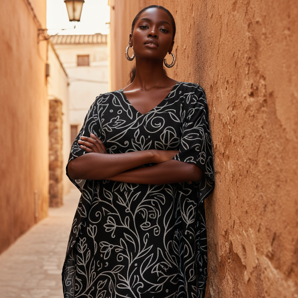 Women's Kaftan Dress with silver floral line art -  Lightweight, breathable, and easy to maintain - perfect for effortless all-day wear.