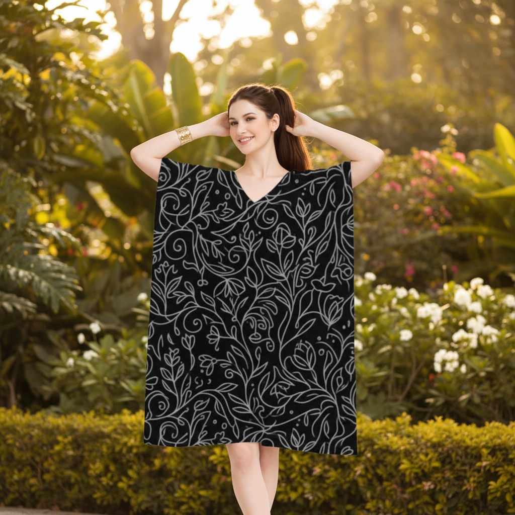 Women's Kaftan Dress with silver floral line art -  Lightweight, breathable, and easy to maintain - perfect for effortless all-day wear.