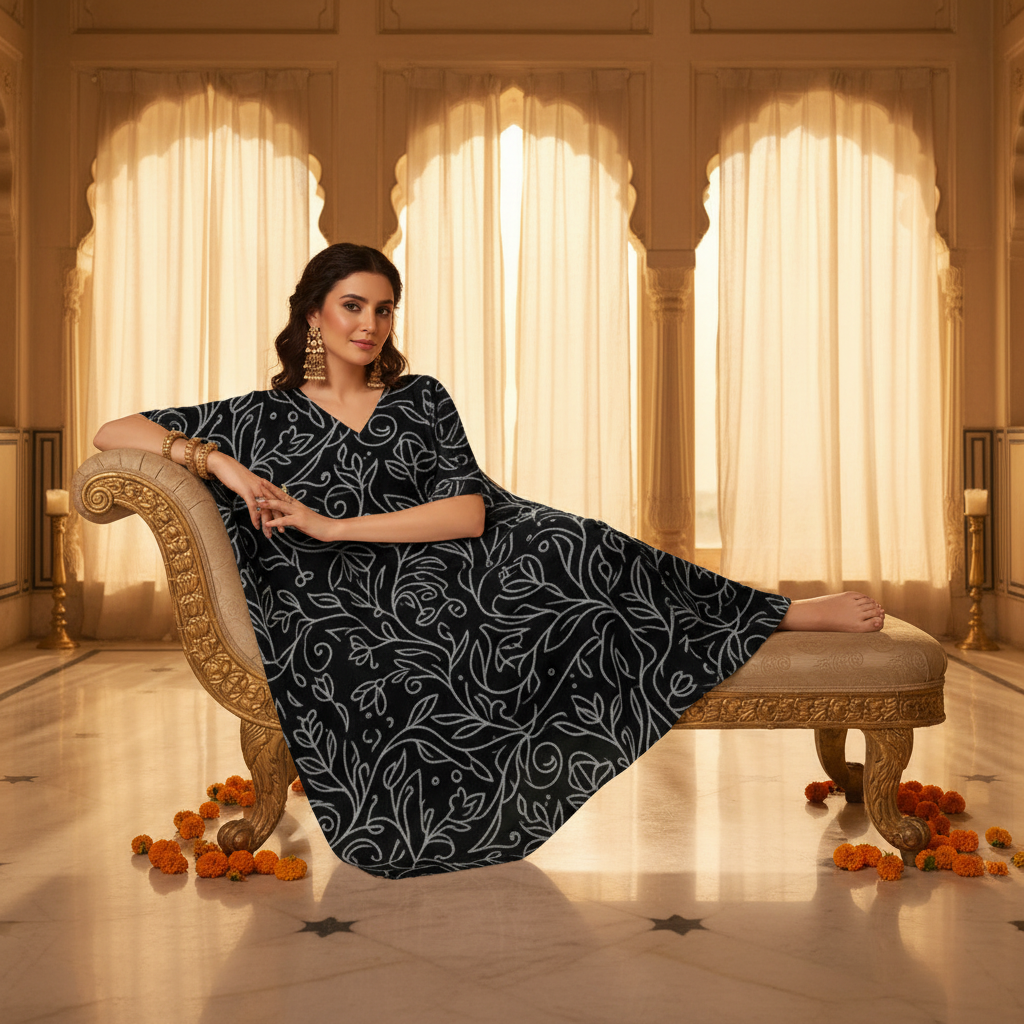 Women's Kaftan Dress with silver floral line art -  Lightweight, breathable, and easy to maintain - perfect for effortless all-day wear.