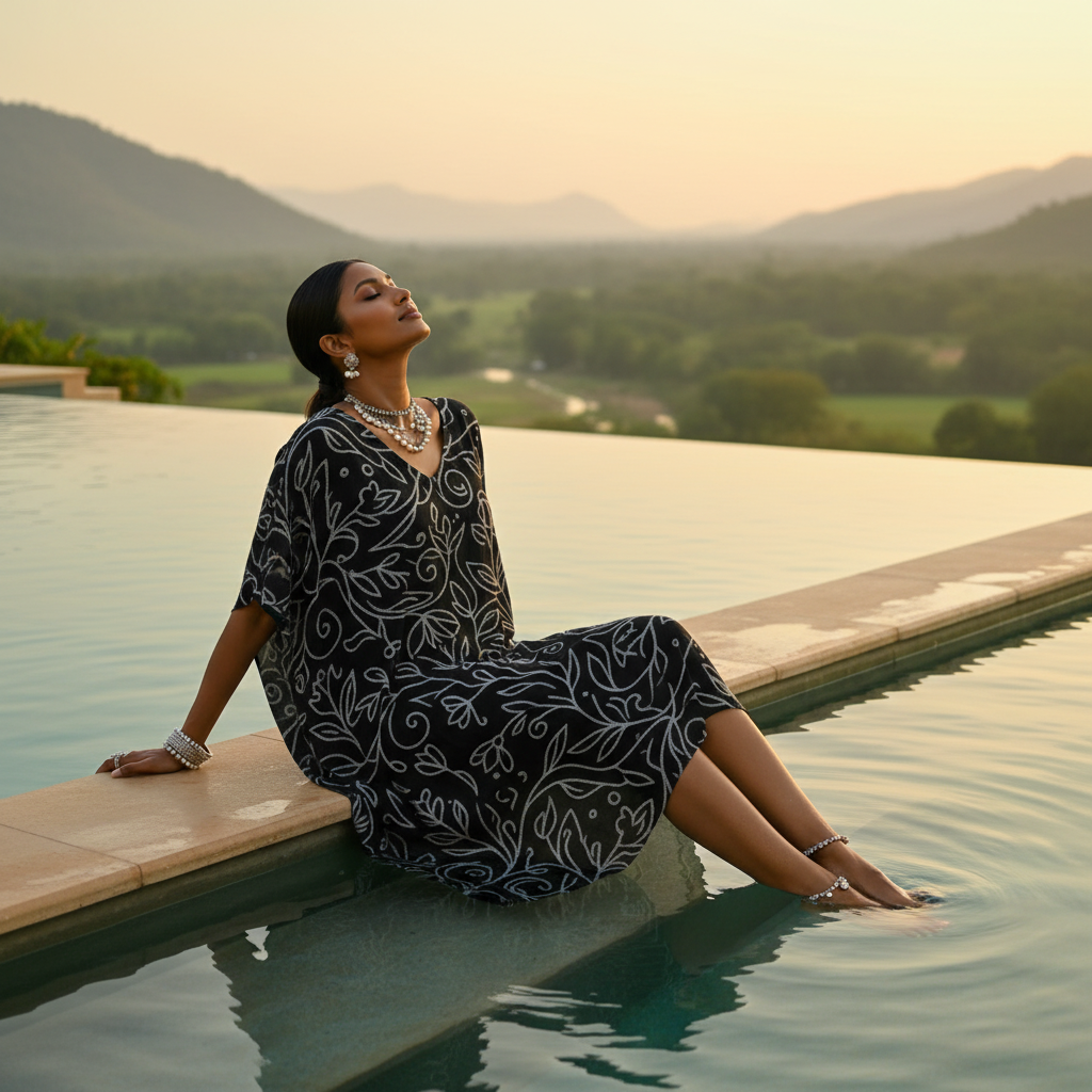 Women's Kaftan Dress with silver floral line art -  Lightweight, breathable, and easy to maintain - perfect for effortless all-day wear.
