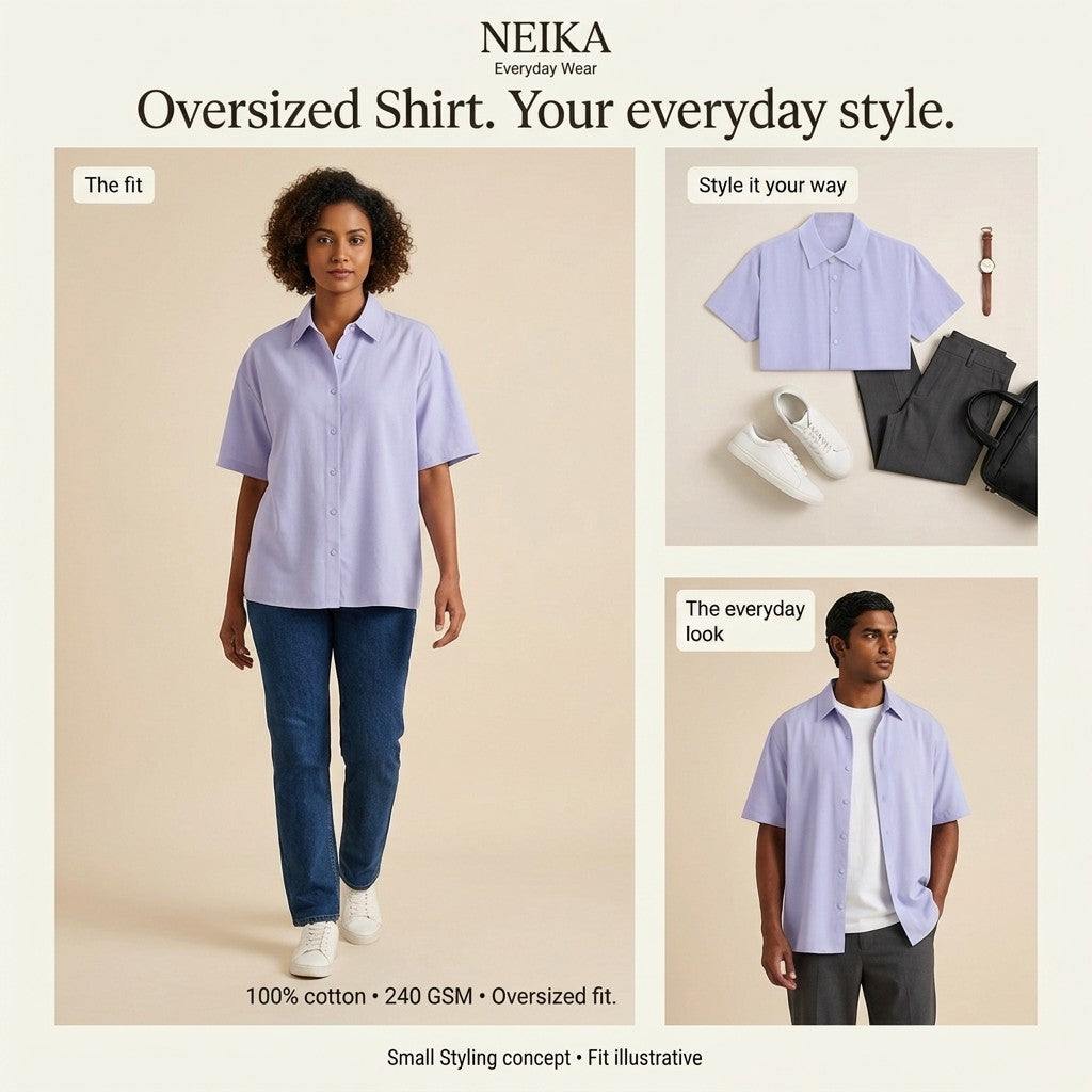 NEIKA Unisex Oversized Cotton Shirt, Half Sleeve