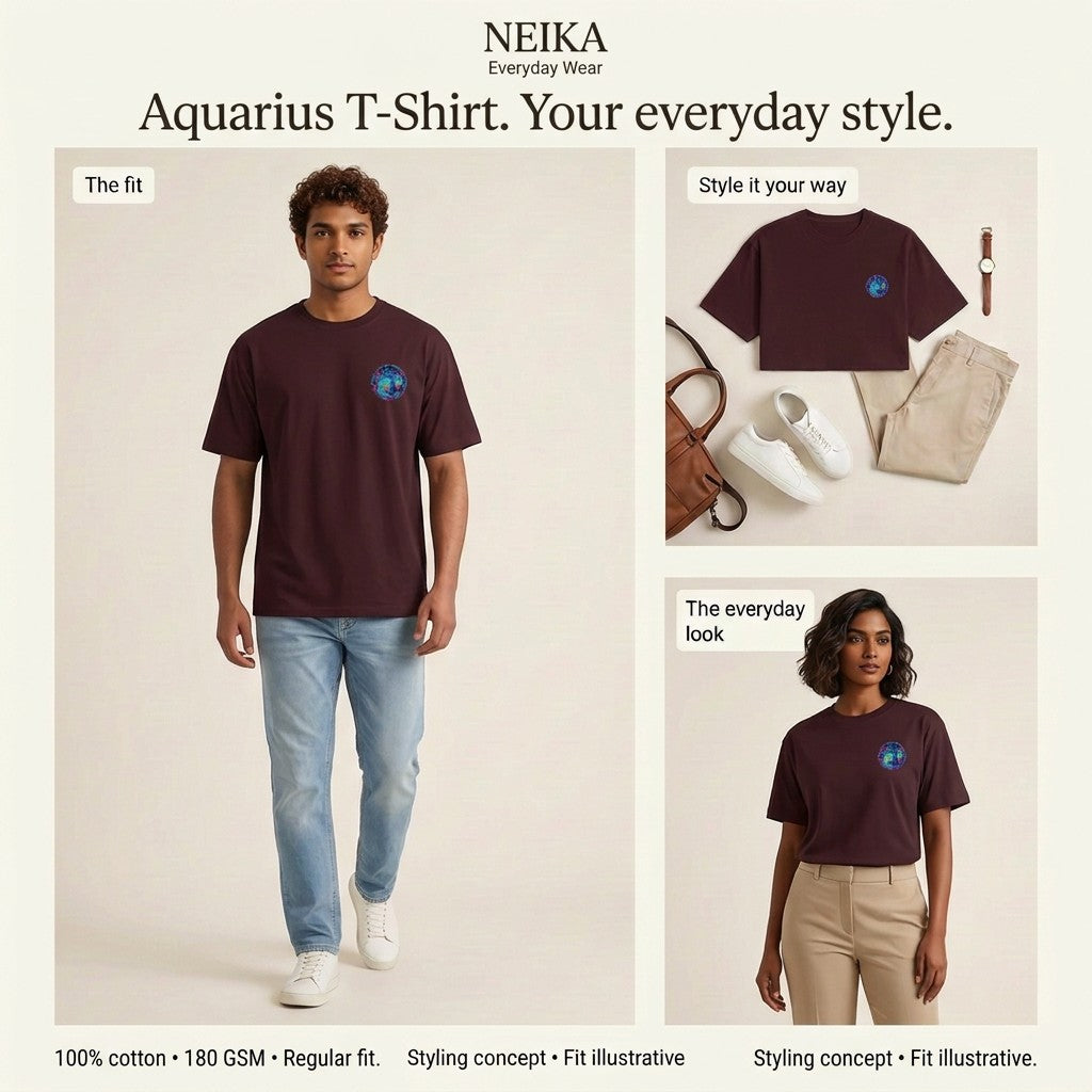 NEIKA Aquarius Zodiac Unisex Cotton T-Shirt, 180 GSM Regular Fit