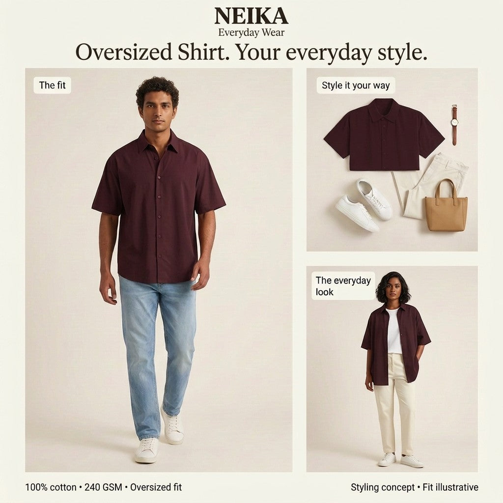 NEIKA Unisex Oversized Cotton Shirt, Half Sleeve