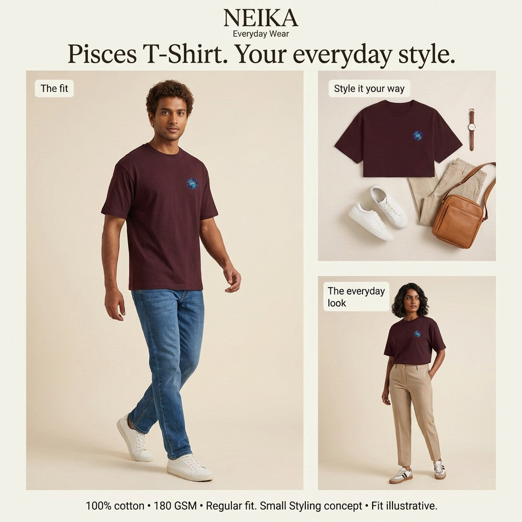 NEIKA Pisces Zodiac Unisex Cotton T-Shirt, 180 GSM Regular Fit