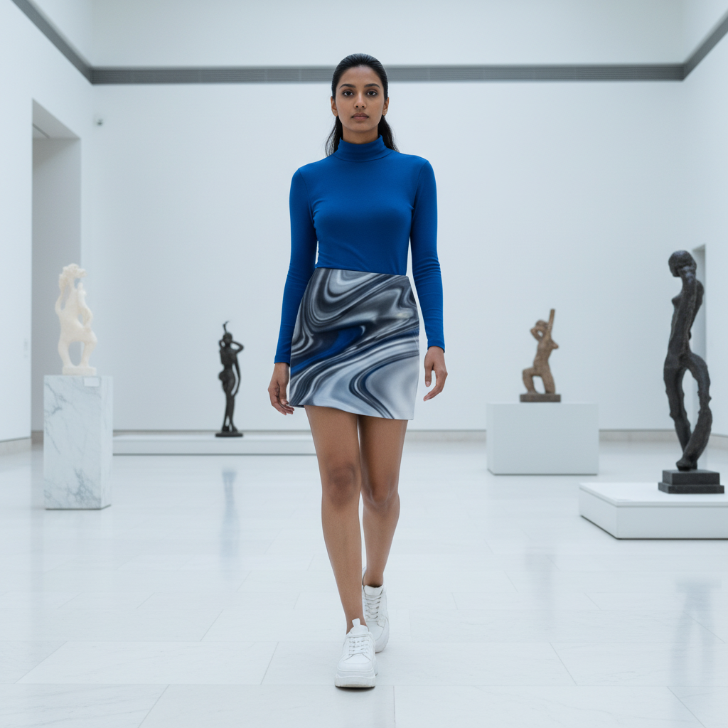 Women - Mini Skirt for Girls - Features an abstract marbled pattern with a mix of blue, grey, white, and dark charcoal or black swirls