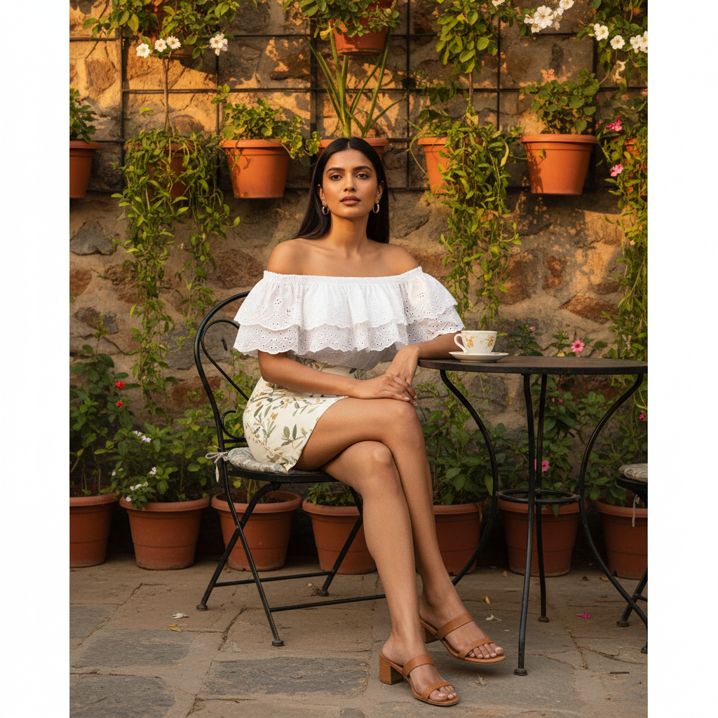 Women - Mini Skirt for Girls - cream-colored base featuring a botanical pattern with green leaves and muted brownish-yellow or gold stems and buds.