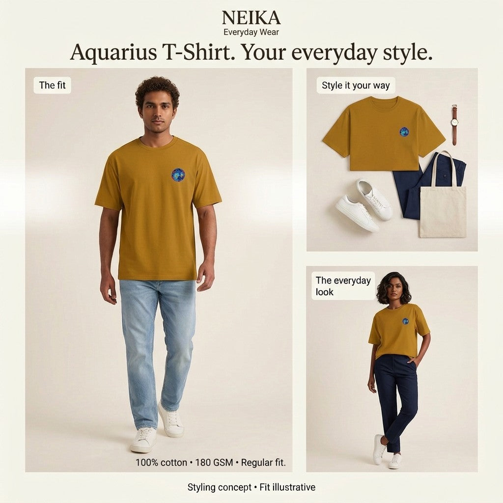 NEIKA Aquarius Zodiac Unisex Cotton T-Shirt, 180 GSM Regular Fit