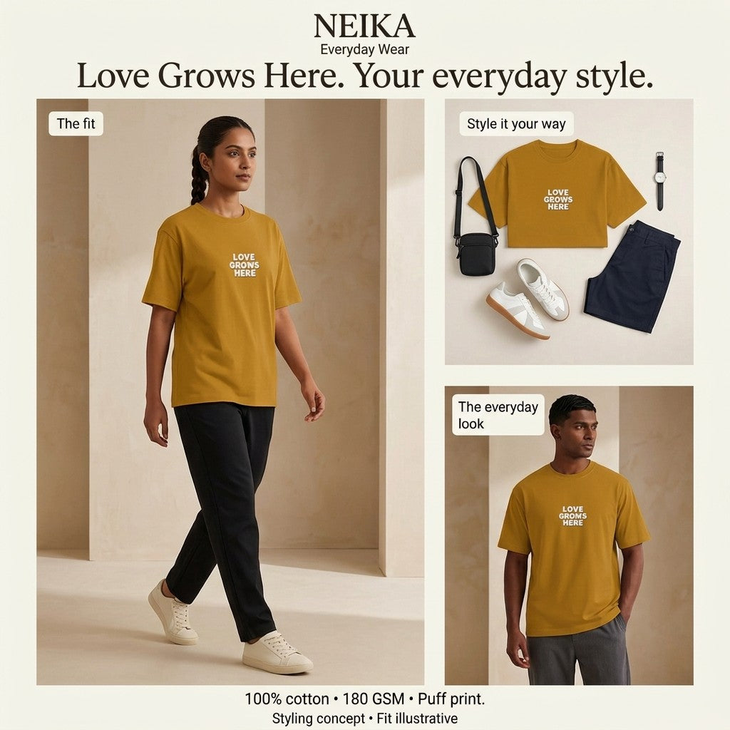 NEIKA Love Grows Here Puff Print Cotton T-Shirt, Unisex 180 GSM