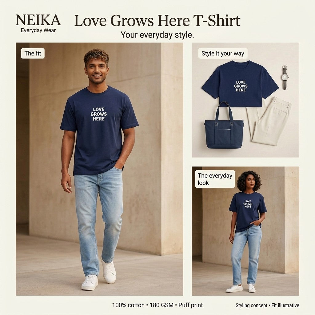 NEIKA Love Grows Here Puff Print Cotton T-Shirt, Unisex 180 GSM