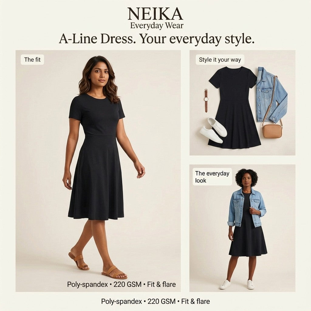 NEIKA Women's Stretch A-Line Dress, 220 GSM Poly-Spandex