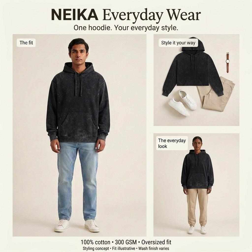 NEIKA Unisex Acid-Washed Oversized Cotton Hoodie, 300 GSM