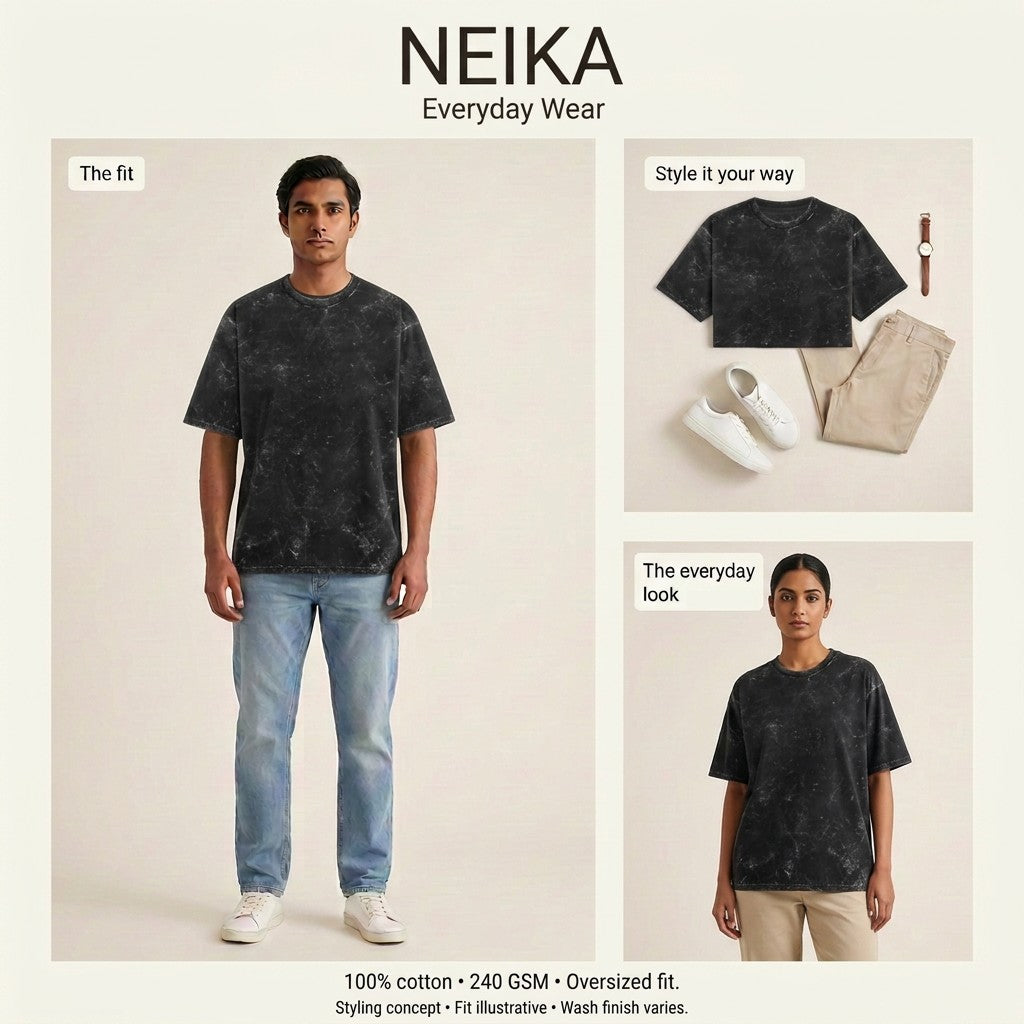 NEIKA Unisex Acid-Washed Oversized Cotton T-Shirt, 240 GSM