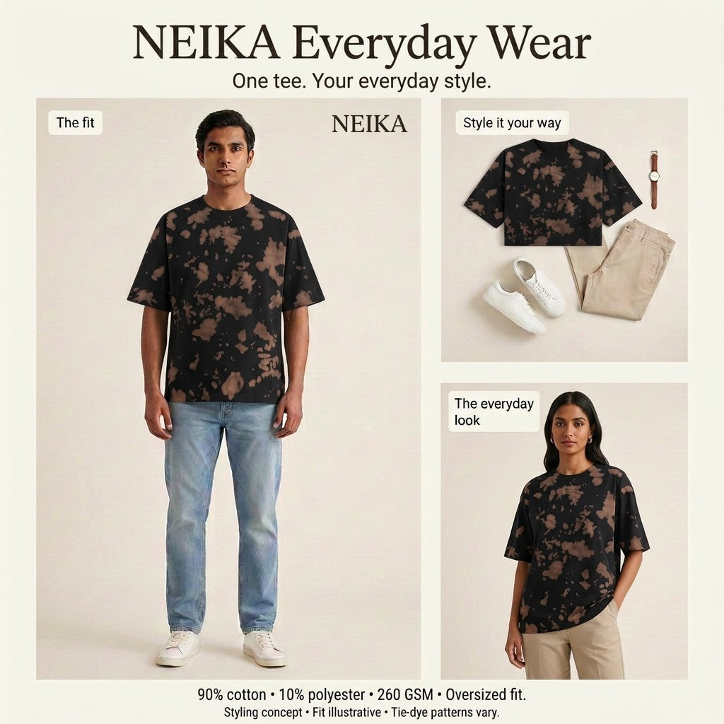 NEIKA Unisex Tie-Dye Oversized T-Shirt, 260 GSM Cotton Blend