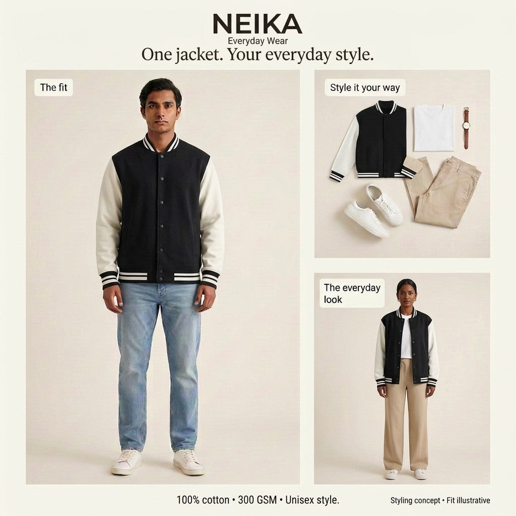 NEIKA Unisex Cotton Varsity Jacket, 300 GSM