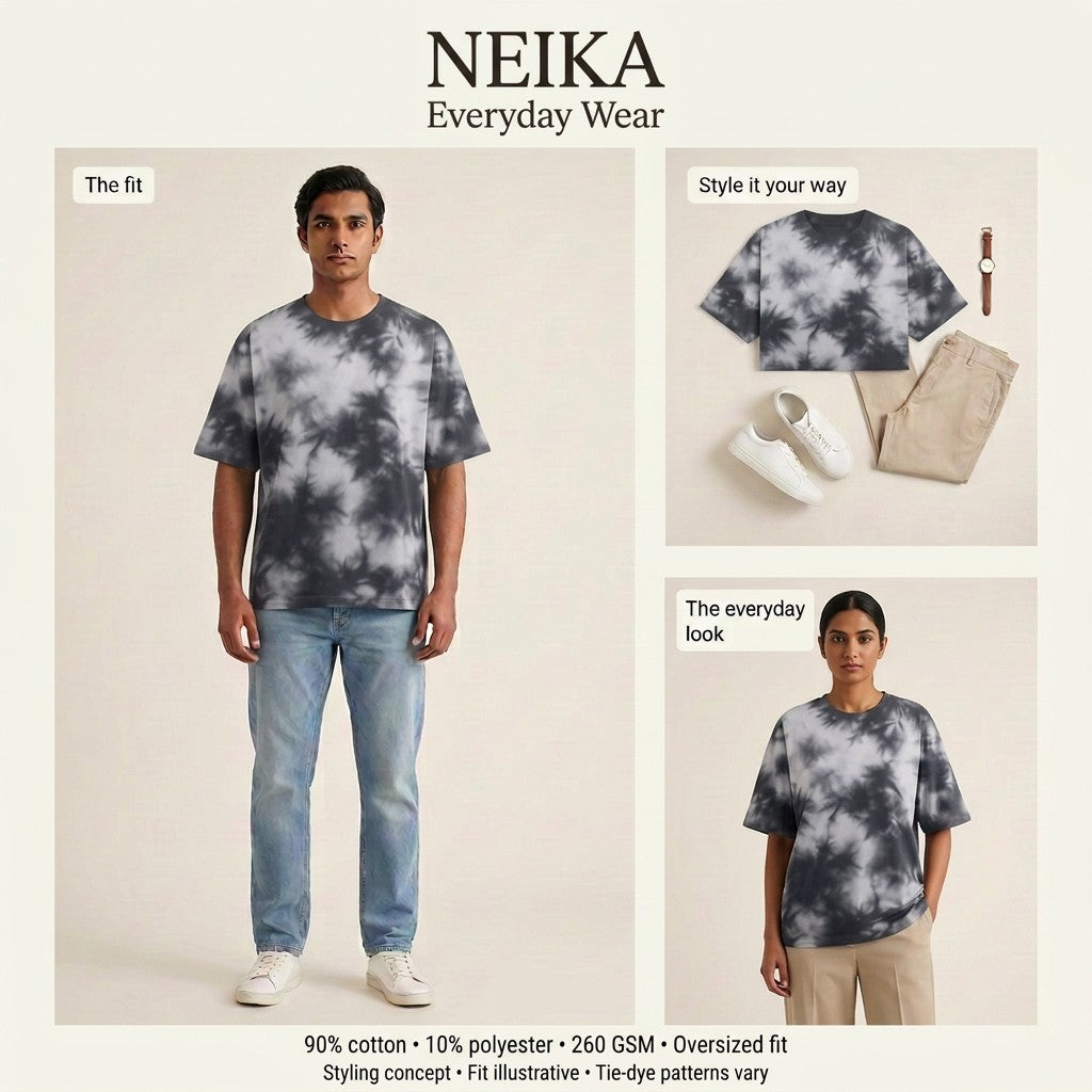 NEIKA Unisex Tie-Dye Oversized T-Shirt, 260 GSM Cotton Blend