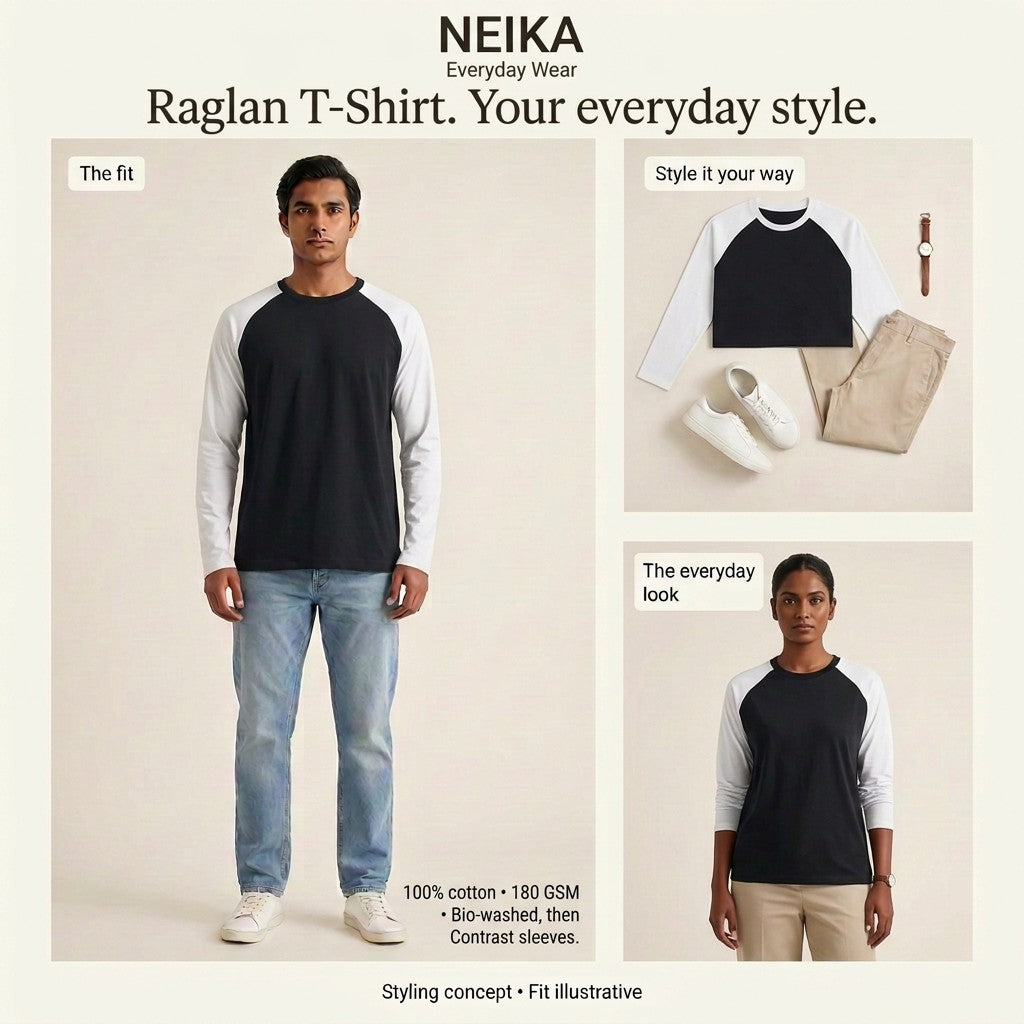 NEIKA Unisex Cotton Raglan T-Shirt, 180 GSM Contrast Sleeves