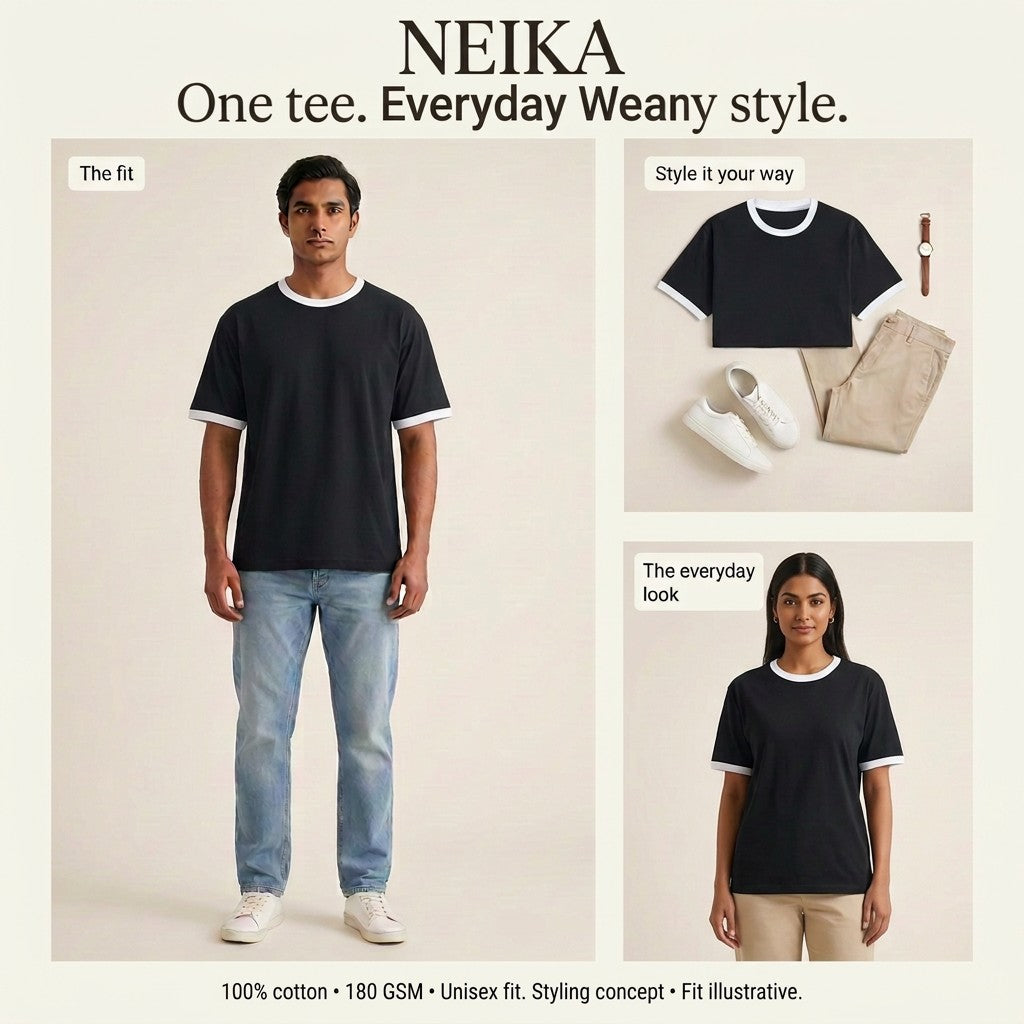 NEIKA Unisex Cotton Ringer T-Shirt, Bio-Washed
