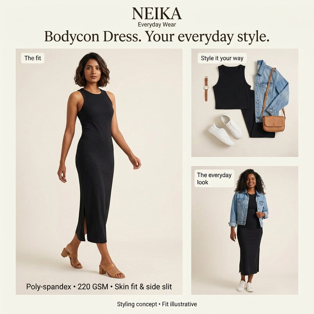 NEIKA Women's Stretch Bodycon Dress with Side Slit, 220 GSM