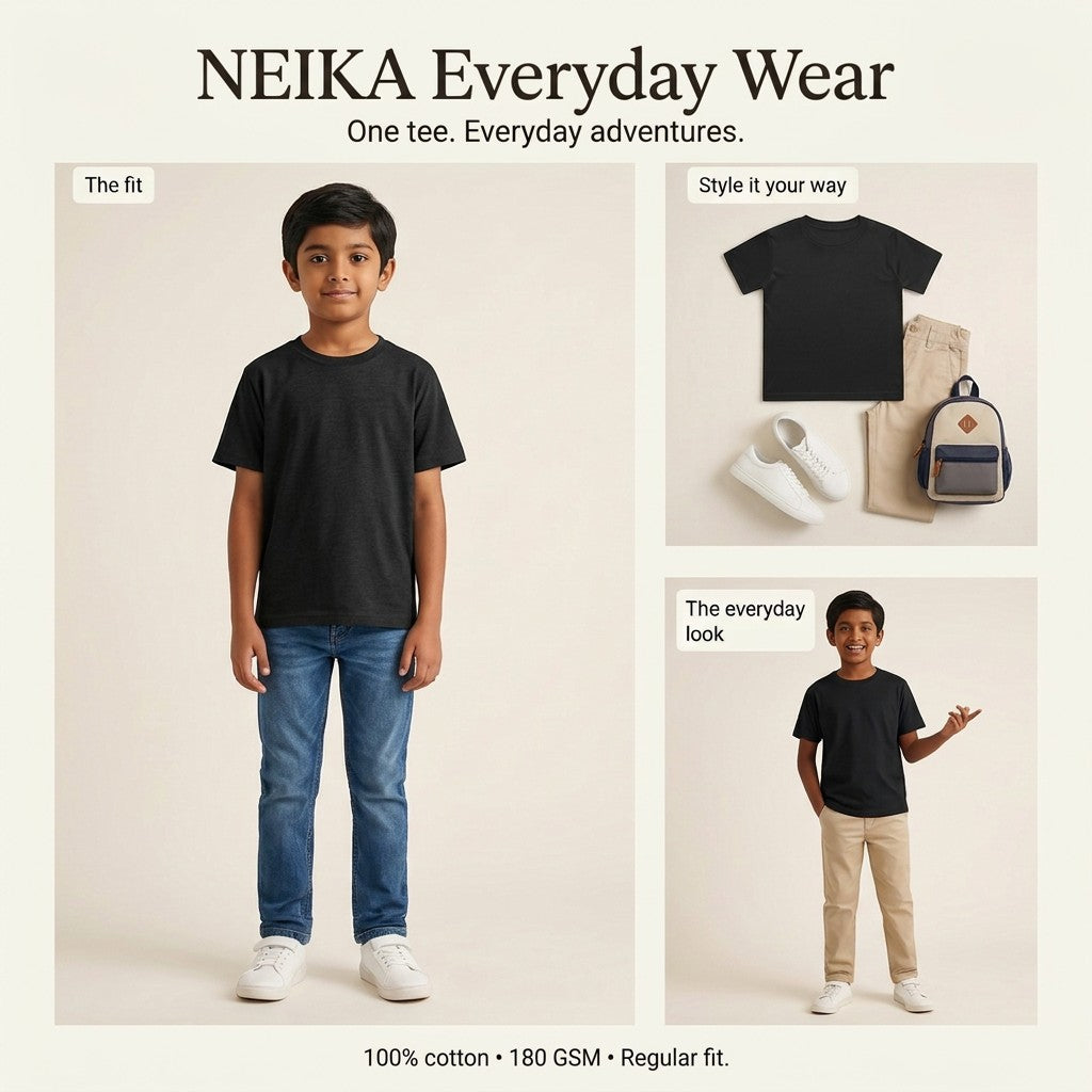 NEIKA Boys' Cotton Crew Neck T-Shirt, Regular Fit