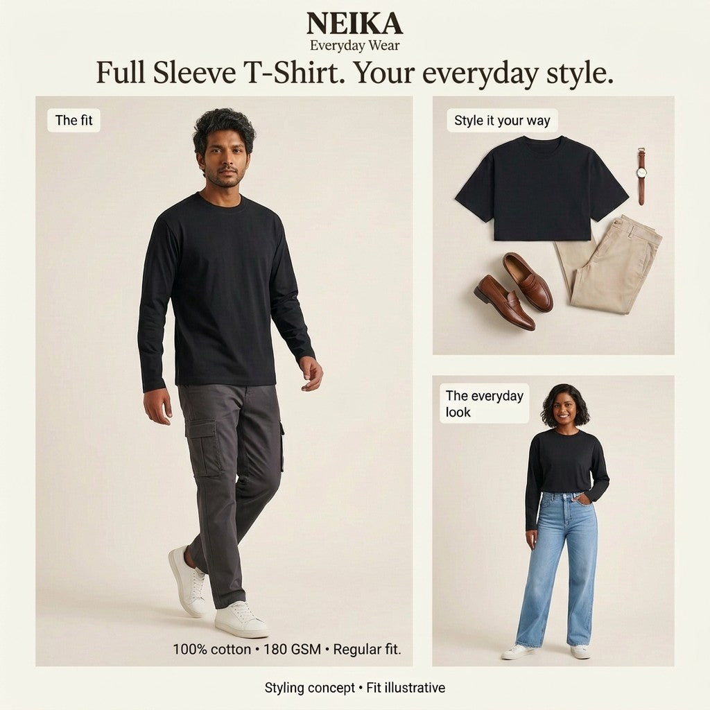 NEIKA Unisex Full Sleeve Cotton T-Shirt, 180 GSM Regular Fit