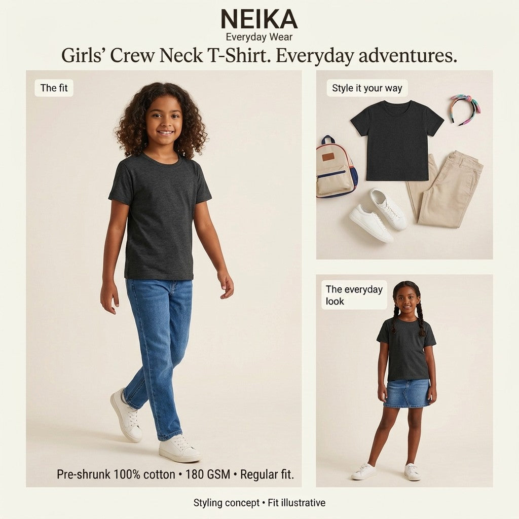 NEIKA Girls' Cotton Crew Neck T-Shirt, 180 GSM Regular Fit