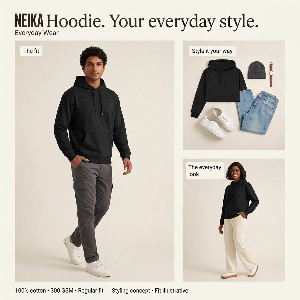 NEIKA Unisex Cotton Hoodie, 300 GSM Brushed Fleece Regular Fit