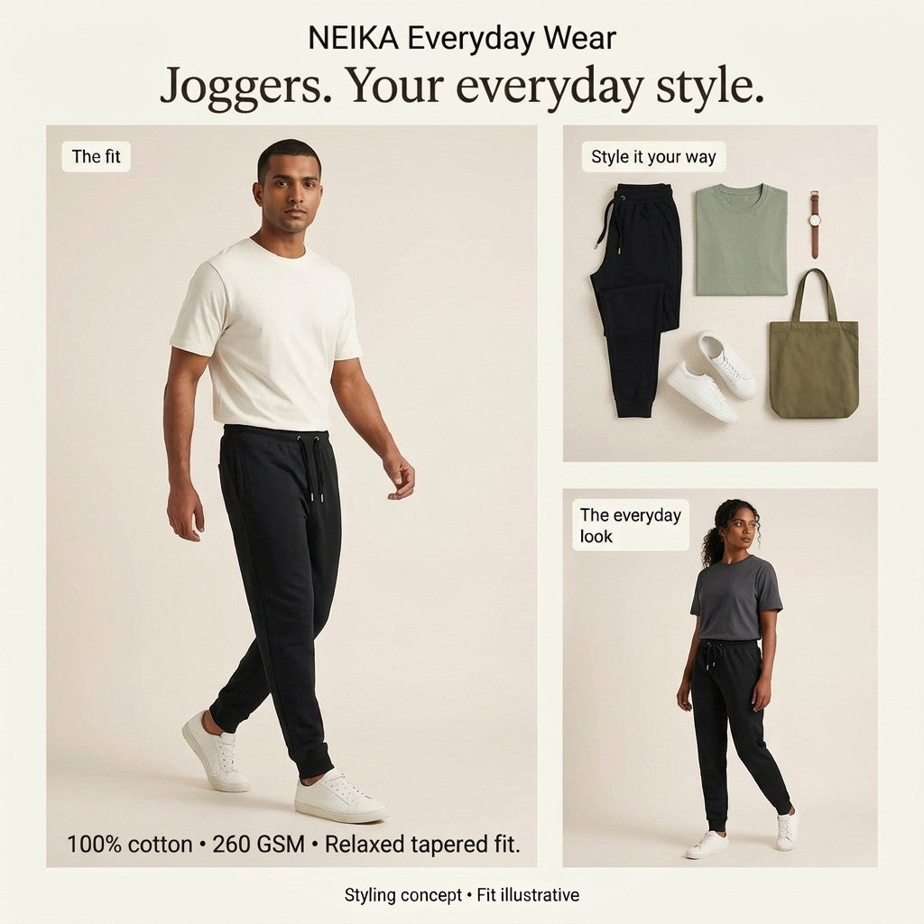 NEIKA Unisex Cotton Joggers, 260 GSM Relaxed Tapered Fit