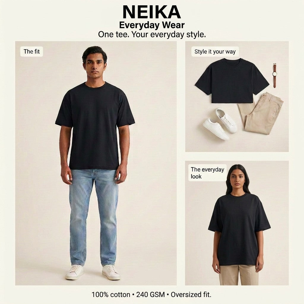 NEIKA Unisex Oversized Classic Cotton T-Shirt, 240 GSM
