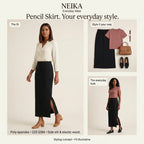 NEIKA Women's Black Stretch Pencil Skirt with Side Slit, 220 GSM