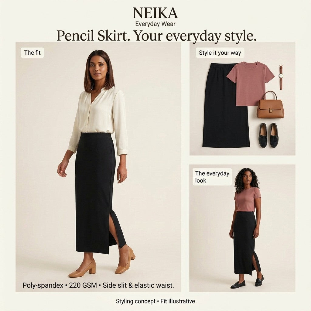 NEIKA Women's Black Stretch Pencil Skirt with Side Slit, 220 GSM