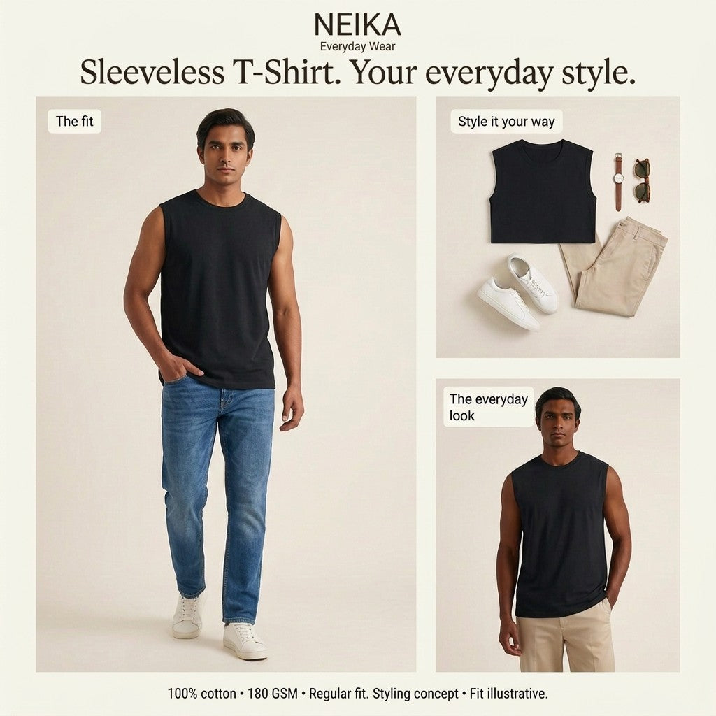 NEIKA Men's Sleeveless Cotton T-Shirt, 180 GSM Regular Fit