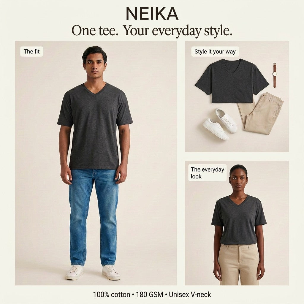 NEIKA Unisex Cotton V-Neck T-Shirt, 180 GSM