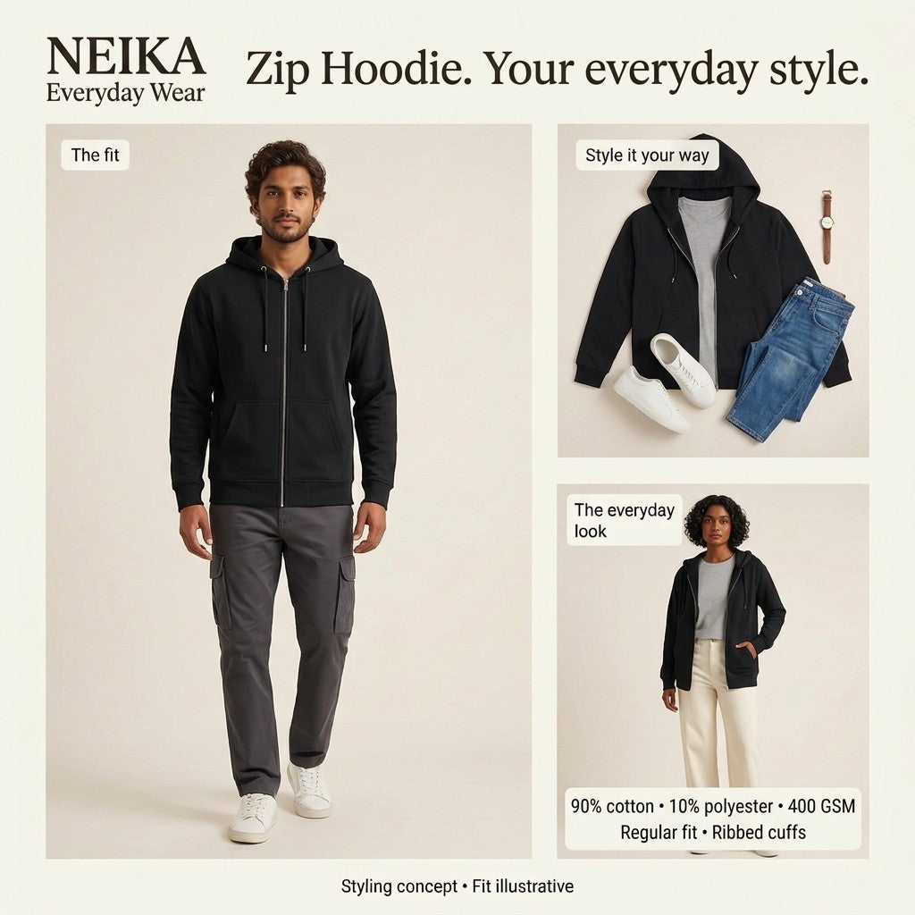 NEIKA Unisex Zip Hoodie, 400 GSM Cotton Blend Regular Fit